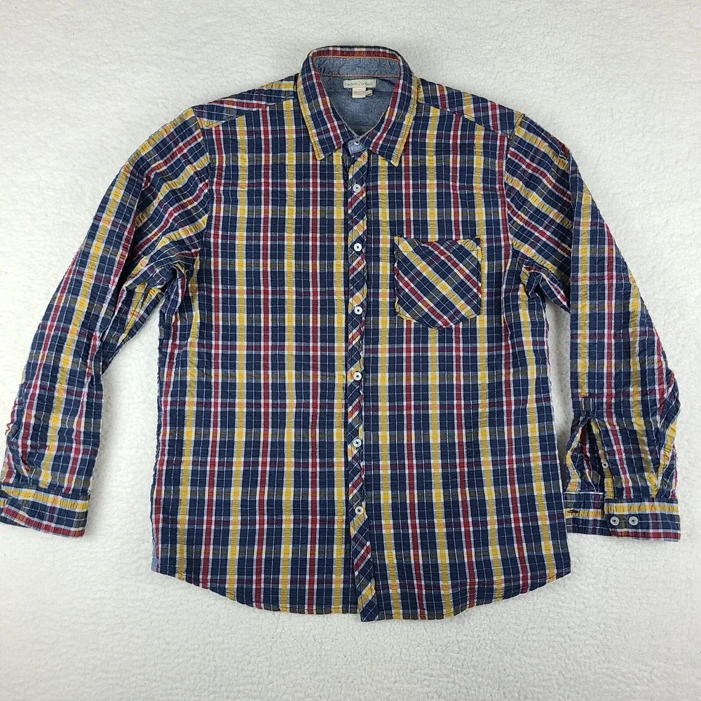 Carbon2 Cobalt Dress Shirt Mens Large Blue Red yellow Plaid Seersucker Button Up